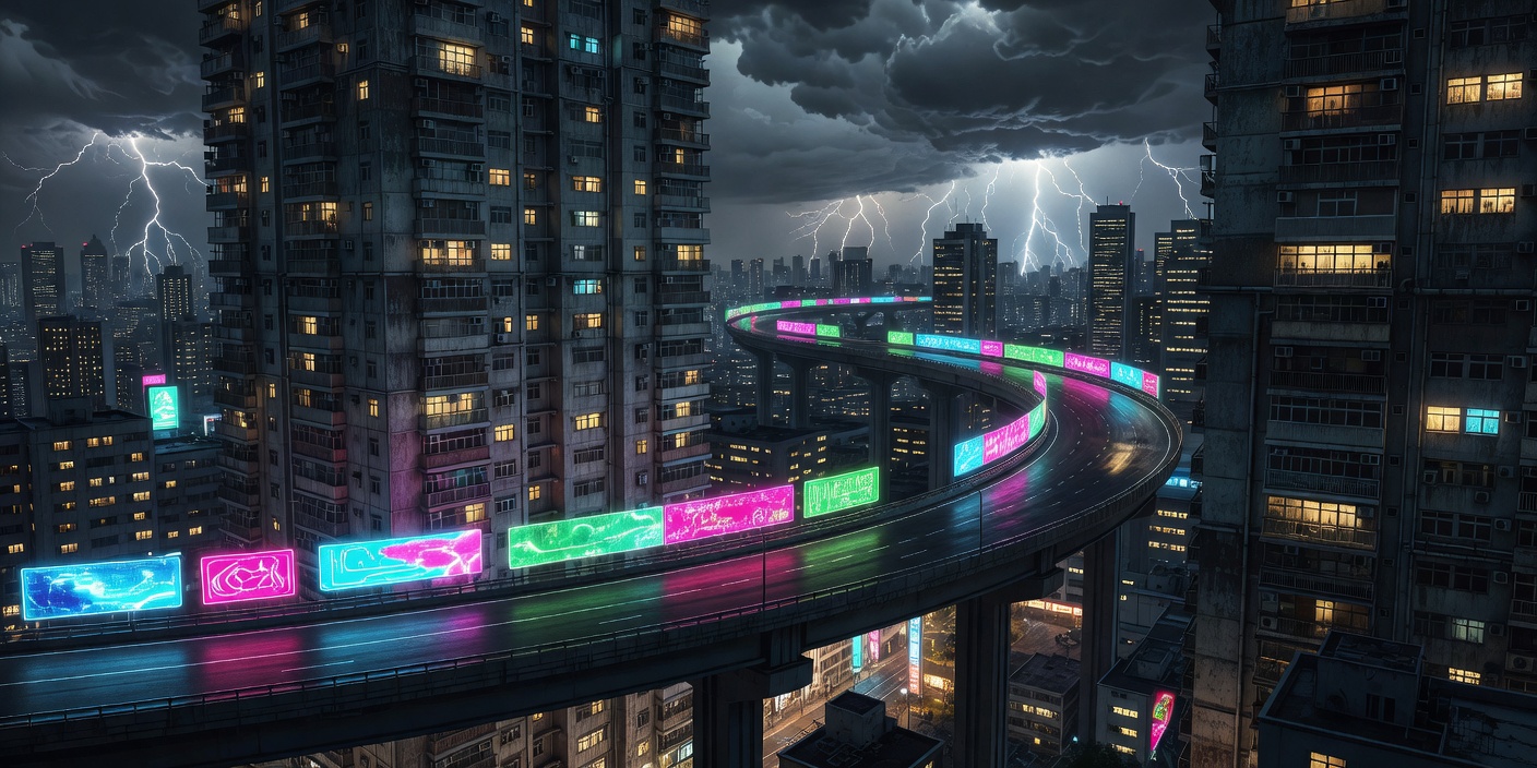 Illustrated elevated highway curving between apartment towers with glowing signage and distant lightning