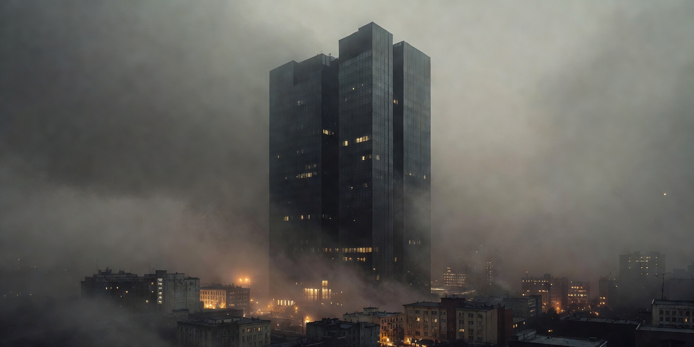 Monolithic corporate tower rising out of haze above smaller illuminated buildings