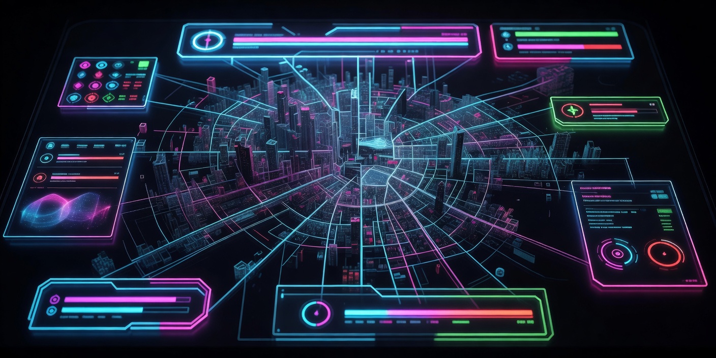 Stylised game interface overlay with wireframe city map, status readouts and glowing menu panels