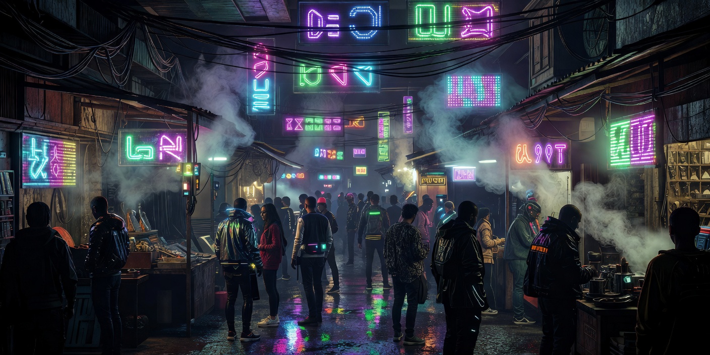 Narrow covered market alley crowded with layered signage, cabling and vapour under coloured light