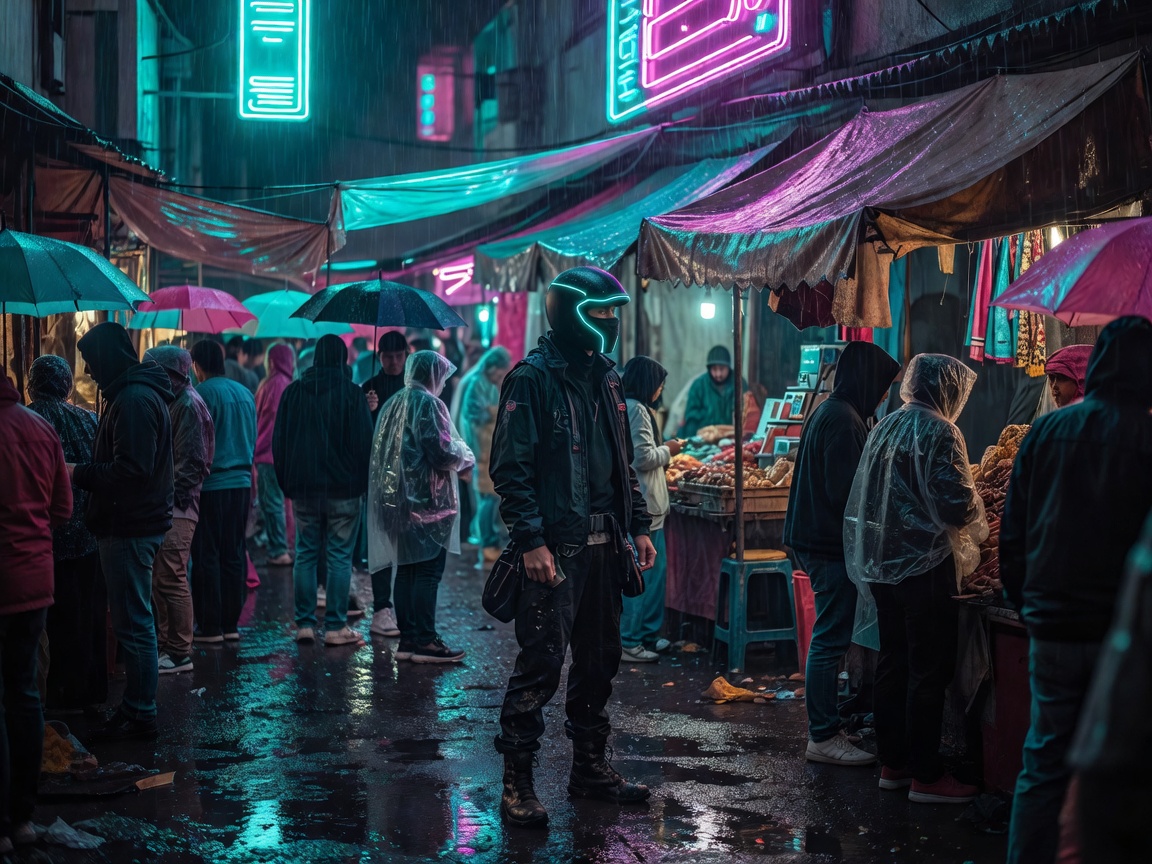 Rain-slick city street at night lit by cyan and magenta signage above crowded market stalls