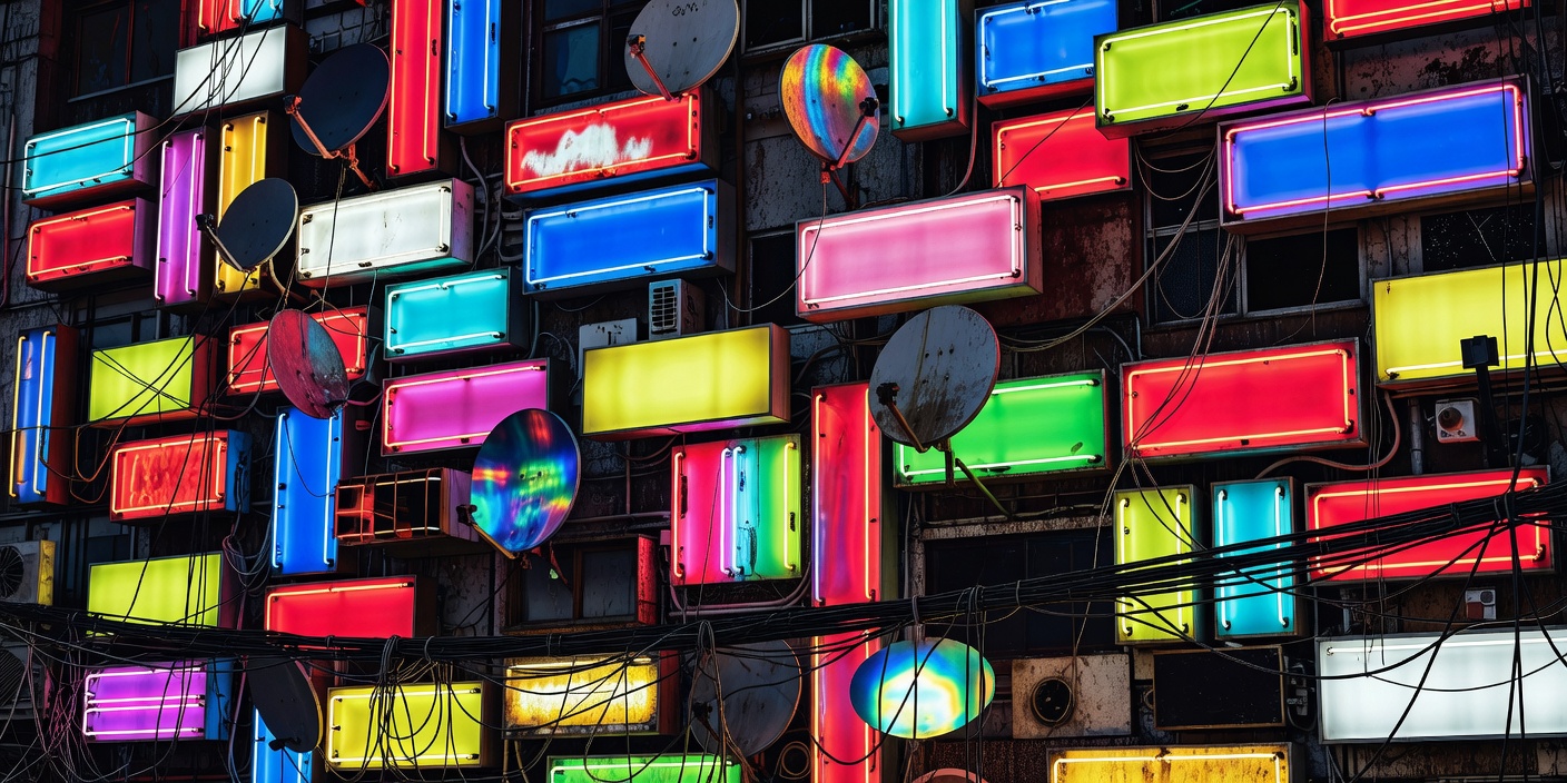 Wall crowded with overlapping illuminated signs, cabling and satellite dishes photographed at close range