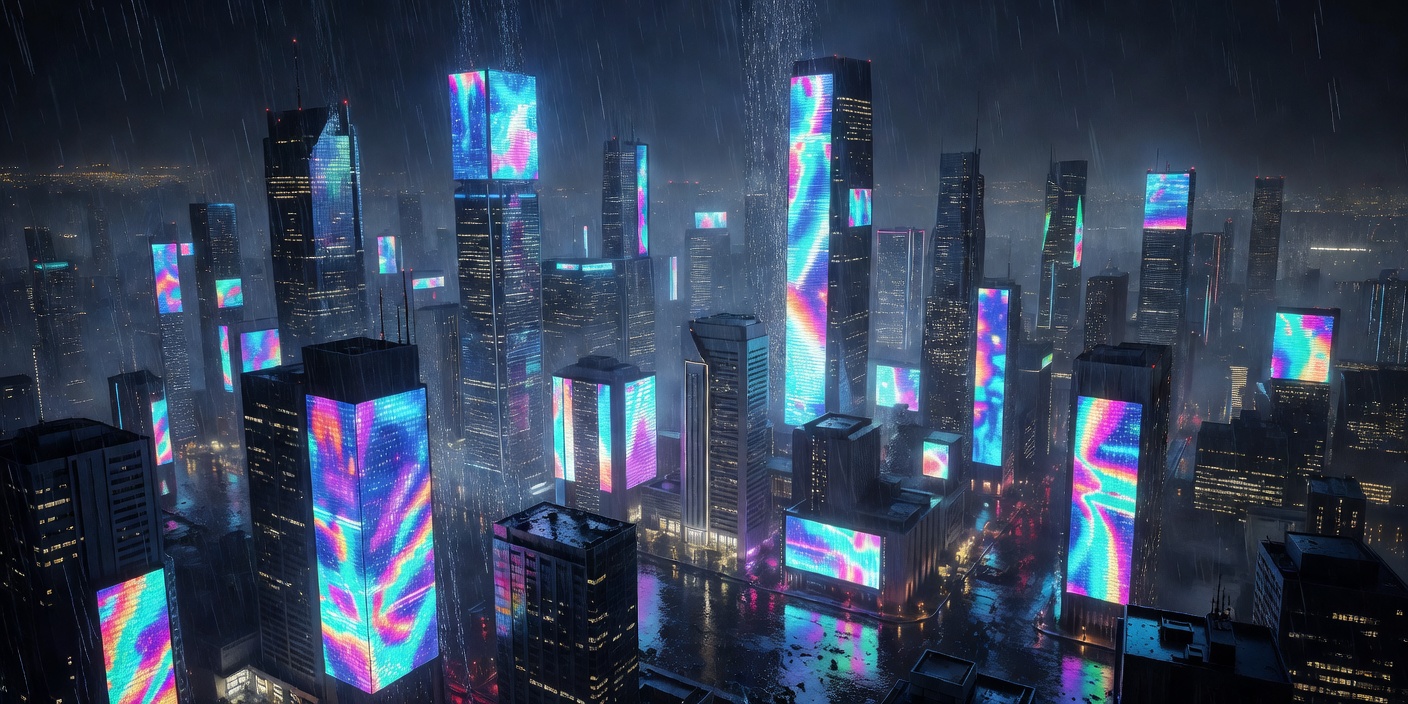 Wide night skyline of layered towers behind rain, lit by vast animated advertising panels