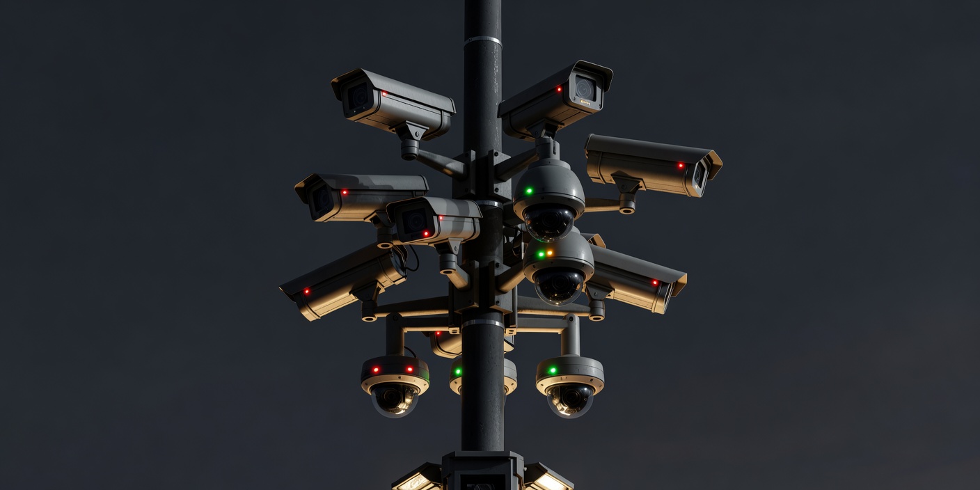 Cluster of surveillance cameras mounted on a pole against a dark sky with signal indicators lit