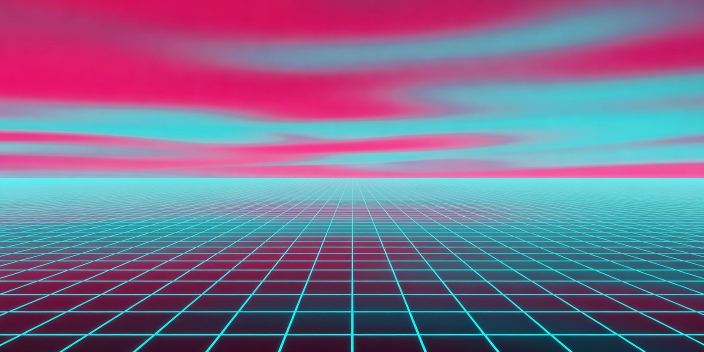 Perspective grid receding to a horizon line beneath layered magenta and cyan gradient bands