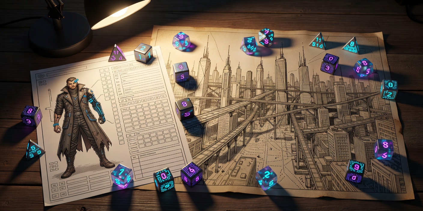 Character sheet, polyhedral dice and hand-drawn city map spread across a table under a desk lamp