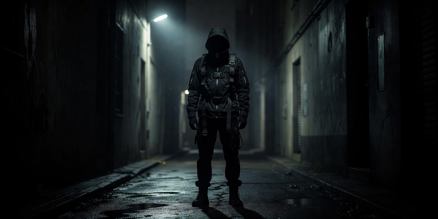 Silhouetted figure in hooded technical outerwear with harness straps standing in a narrow lit alley