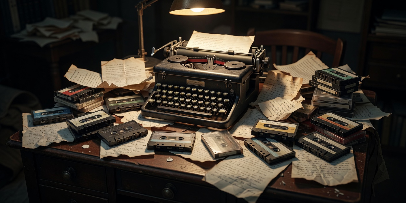 Cluttered desk with a manual typewriter, cassette tapes and handwritten notes under a low lamp