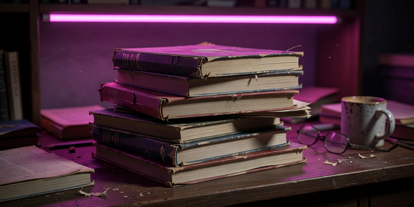 Stack of well-thumbed paperbacks on a desk lit by a magenta neon strip